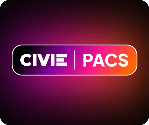 CIVIE PACS logo on a purple and orange gradient background.