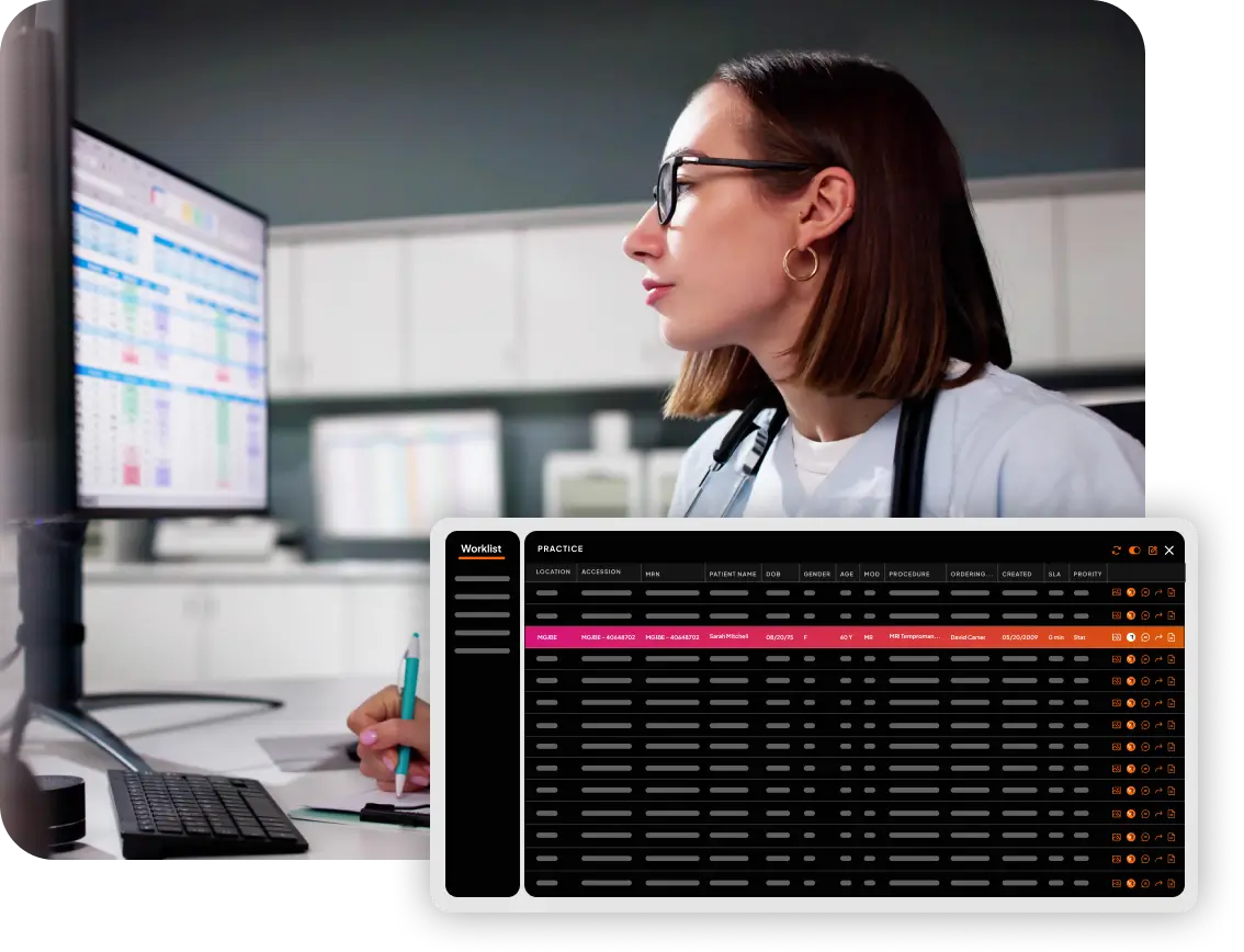 Healthcare professional reviewing data on a computer screen with a centralized worklist dashboard.