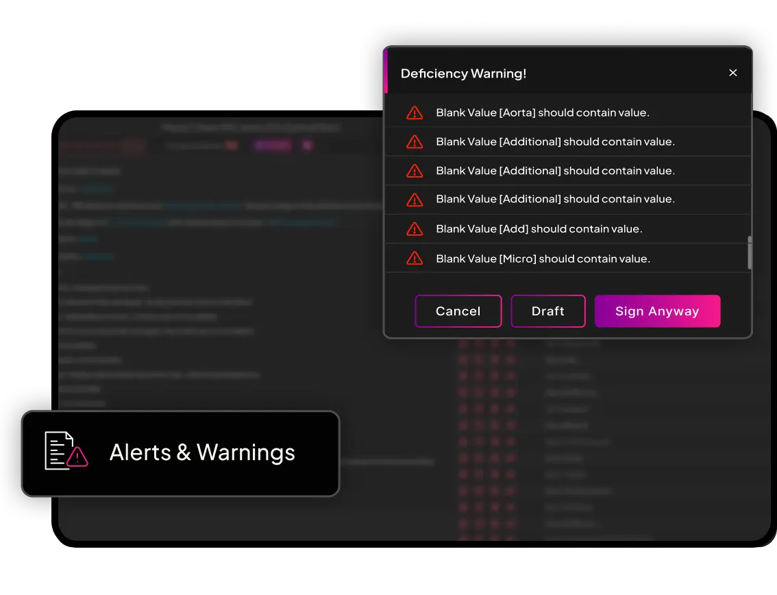 Popup alert titled “Deficiency Warning” showing multiple validation errors for missing required values, with buttons for Cancel, Draft, and Sign Anyway.